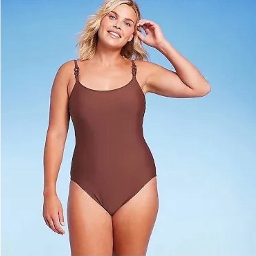 Kona Sol Brown Chain Link Medium Coverage One Piece Swimsuit Size Large
